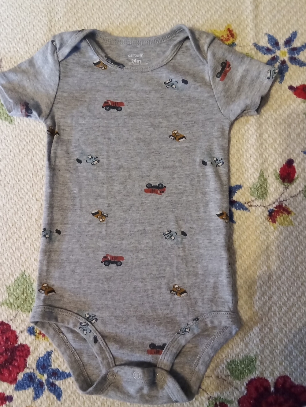 Carter's Gray Short-Sleeve One-Piece with Red and Brown Truck Prints